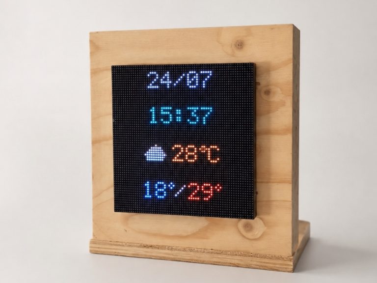 La Lucarne, écran de 64×64 pixels dans son cadre en bois